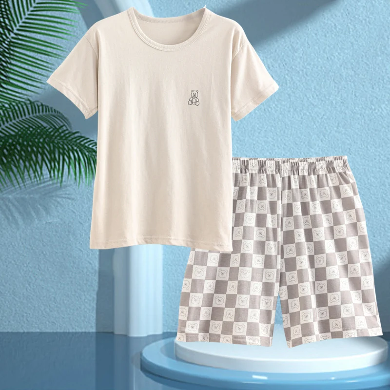 Children's Pajamas, Pure Cotton, Summer Short-Sleeved Shorts Set for Boys, Home Clothes for Girls, Air-Conditioned Clothes for Middle-Aged and Older Boys