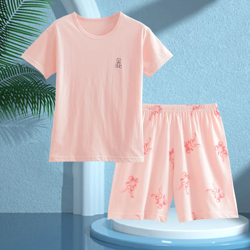 Children's Pajamas, Pure Cotton, Summer Short-Sleeved Shorts Set for Boys, Home Clothes for Girls, Air-Conditioned Clothes for Middle-Aged and Older Boys