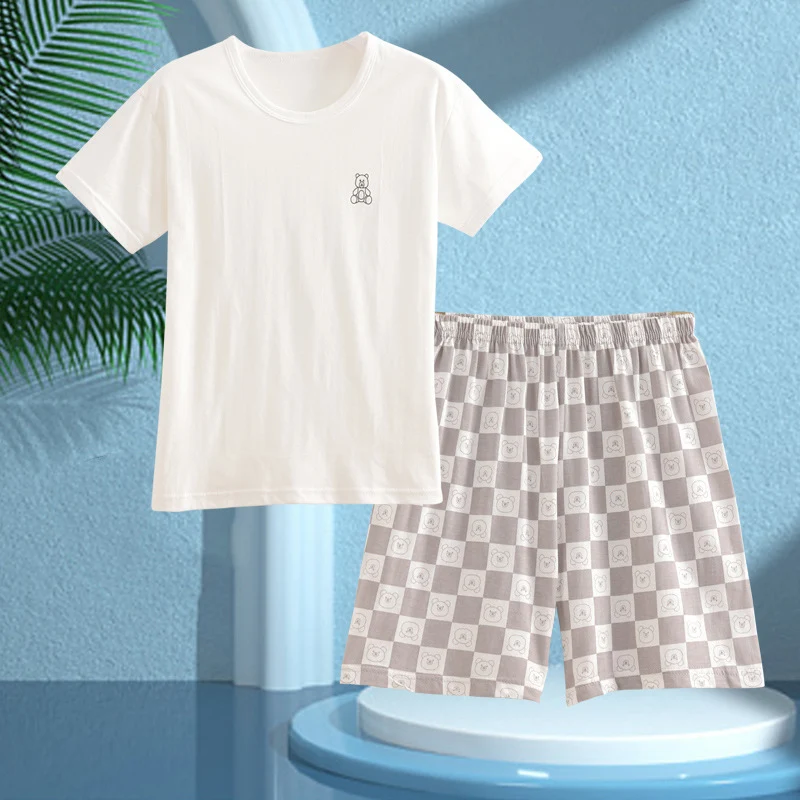 Children's Pajamas, Pure Cotton, Summer Short-Sleeved Shorts Set for Boys, Home Clothes for Girls, Air-Conditioned Clothes for Middle-Aged and Older Boys