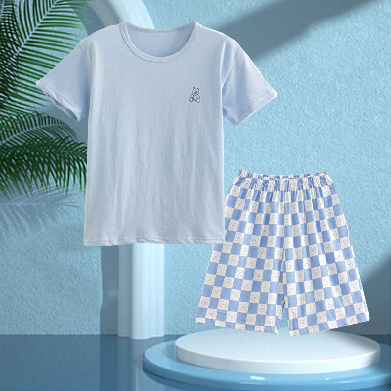 Children's Pajamas, Pure Cotton, Summer Short-Sleeved Shorts Set for Boys, Home Clothes for Girls, Air-Conditioned Clothes for Middle-Aged and Older Boys