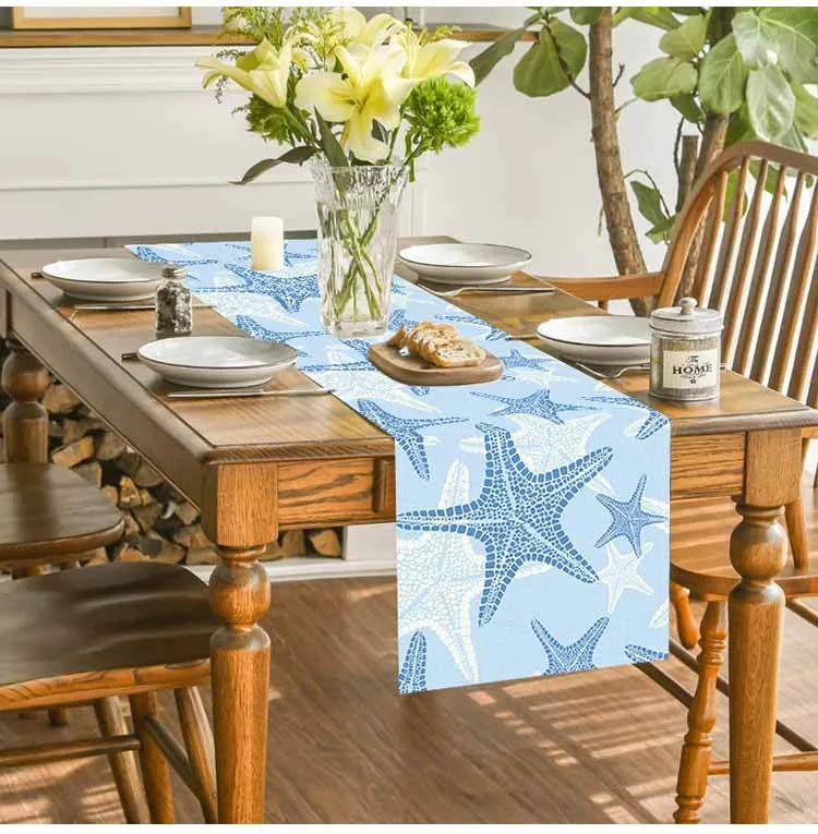 Cross-border New Blue Bottom Starfish Table Runner Linen Printed Kitchen Dining Table Tablecloth Home Fabric Tablecloth Cushion Coffee Table Meal