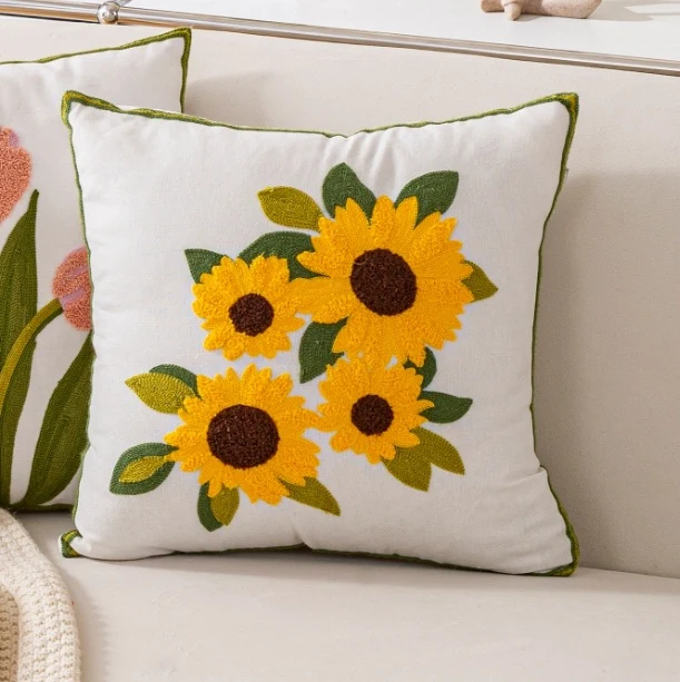 Nordic Towel Embroidered Embroidered Embroidered Pillow Living Room Cream Sofa Cushion Flower Model Room Bay Window Cushion Cover