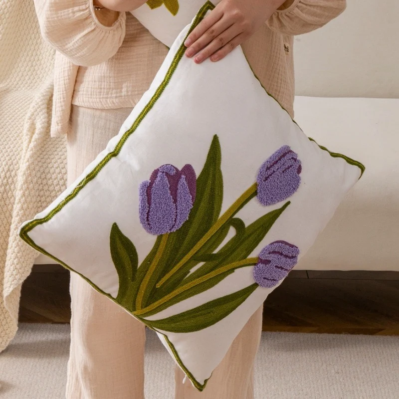Nordic Towel Embroidered Embroidered Embroidered Pillow Living Room Cream Sofa Cushion Flower Model Room Bay Window Cushion Cover