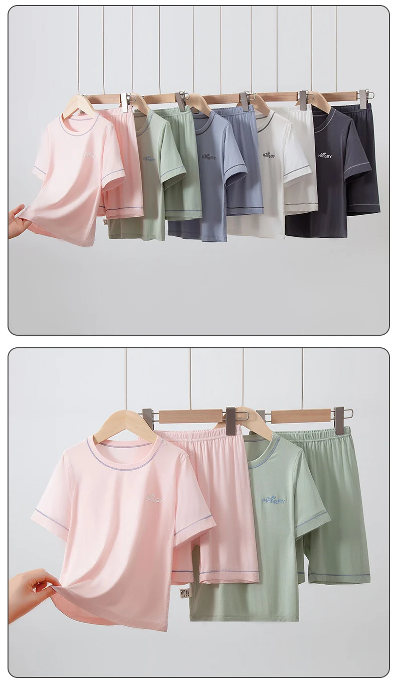 Summer Boys' Short-sleeved Shorts Modal Children's Pajamas Girls' Parent-child Home Clothes suit Children's Air-conditioning Clothes