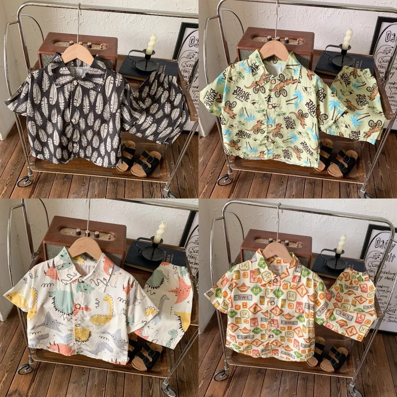 2026 New Children's Short-Sleeved Suit, Men's Short-Sleeved Shirt Suit, Short-Sleeved Shorts Beach Two-Piece Set