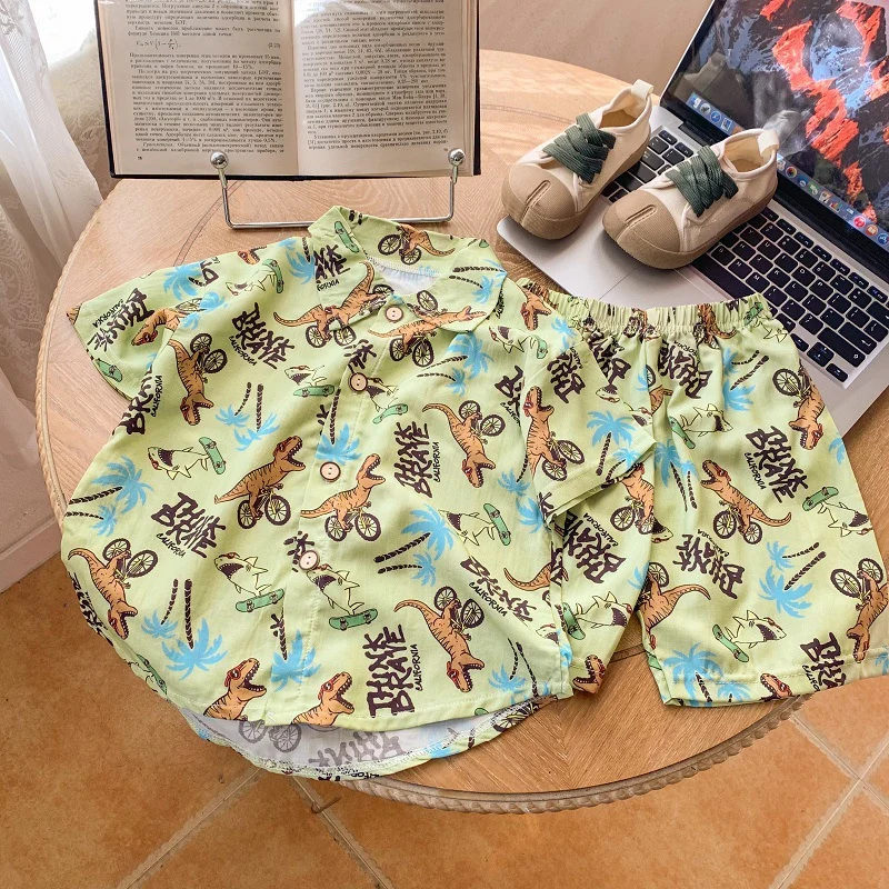 2026 New Children's Short-Sleeved Suit, Men's Short-Sleeved Shirt Suit, Short-Sleeved Shorts Beach Two-Piece Set