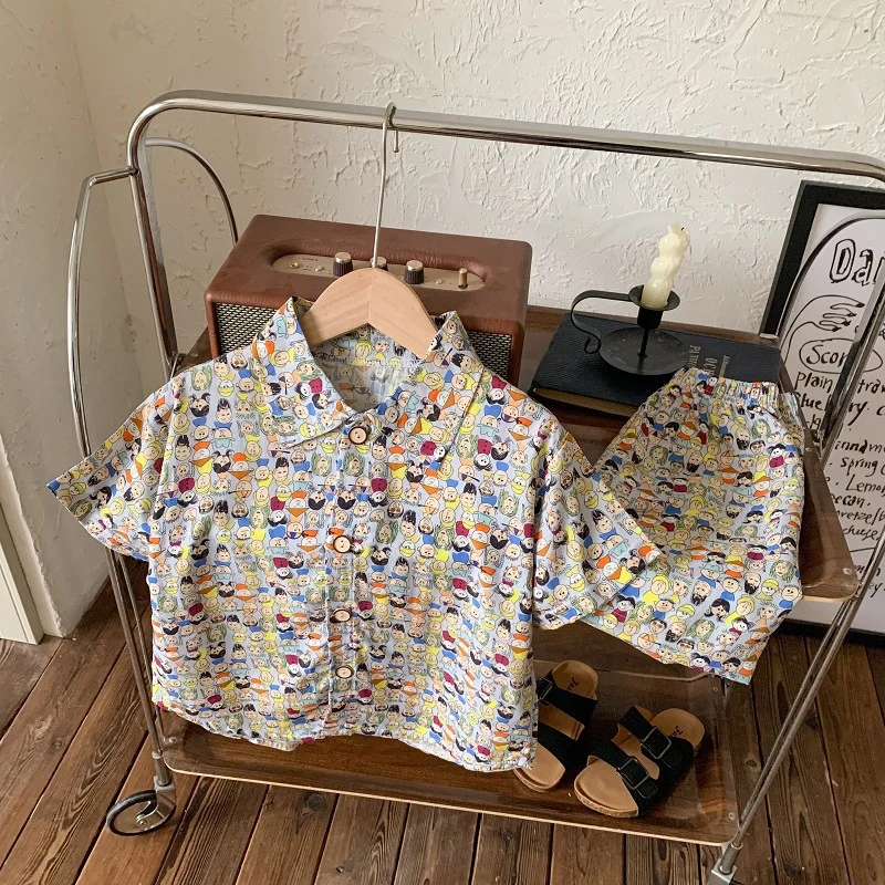 2026 New Children's Short-Sleeved Suit, Men's Short-Sleeved Shirt Suit, Short-Sleeved Shorts Beach Two-Piece Set