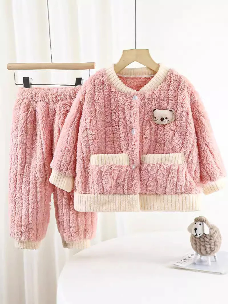 Boys and Girls Pajamas Cotton Velvet Home Clothes Autumn and Winter Children's Winter Pajamas Western Style Thickened Pajamas