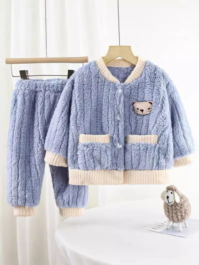 Boys and Girls Pajamas Cotton Velvet Home Clothes Autumn and Winter Children's Winter Pajamas Western Style Thickened Pajamas