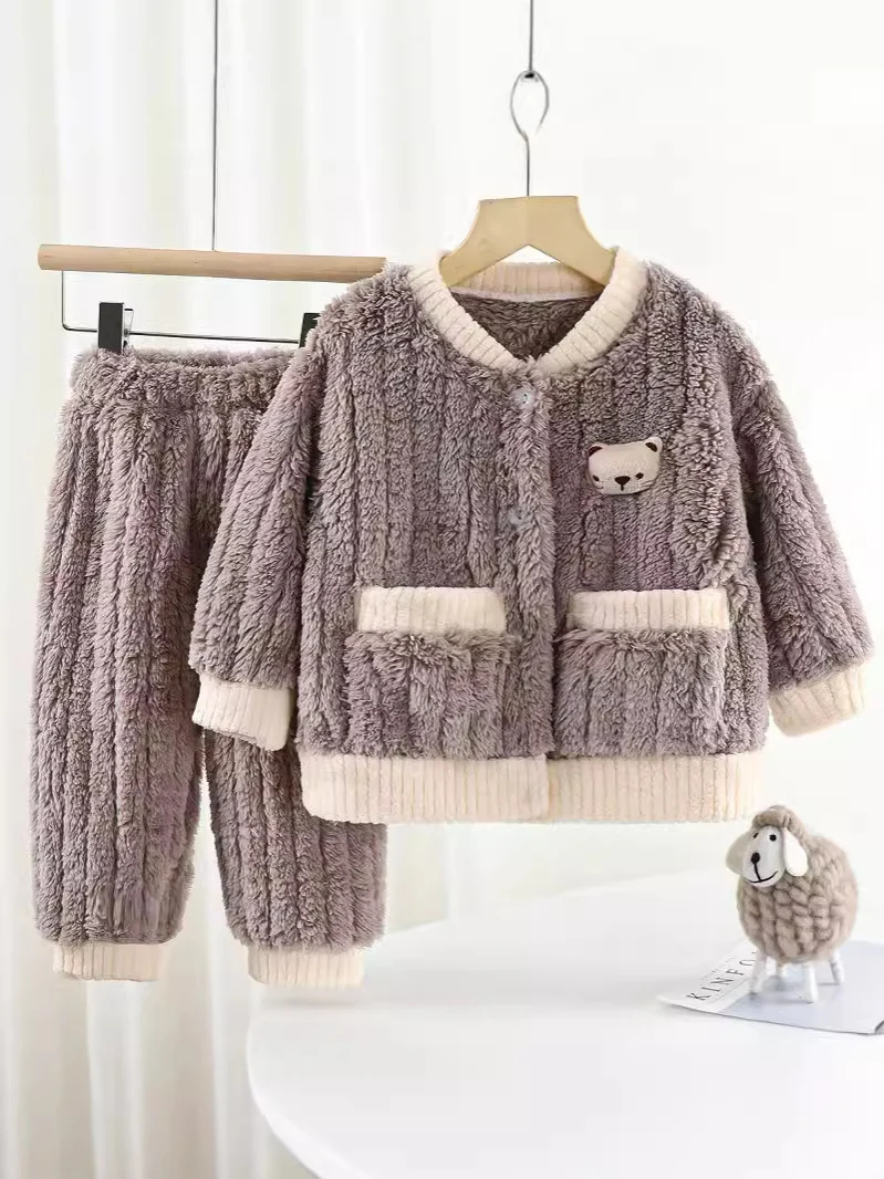 Boys and Girls Pajamas Cotton Velvet Home Clothes Autumn and Winter Children's Winter Pajamas Western Style Thickened Pajamas