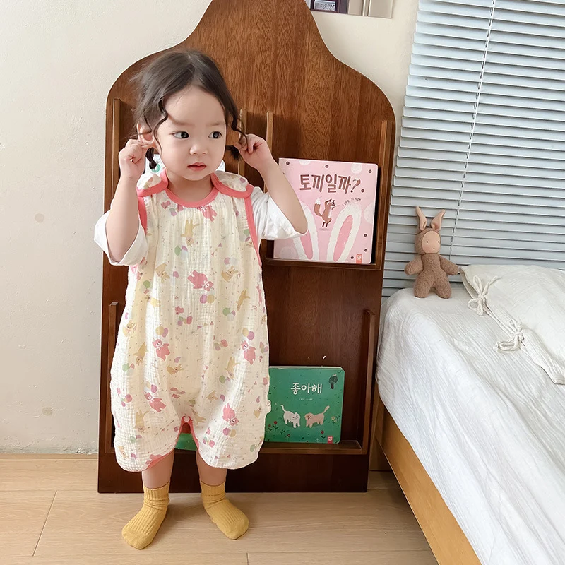 Baby Vest Sleeping Bag Summer Thin Gauze Pure Cotton Baby Kick-proof Sleeveless Children's Pajamas Air-conditioned Room Anti-cold