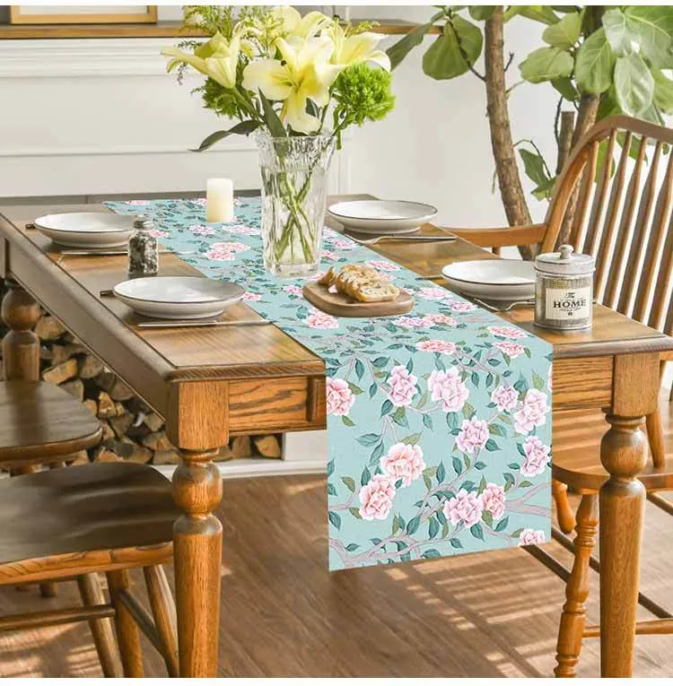 New Cross-Border Pink Flower Table Flag Printed Linen Living Room Decorative Tablecloth Home Kitchen Tablecloth Mat
