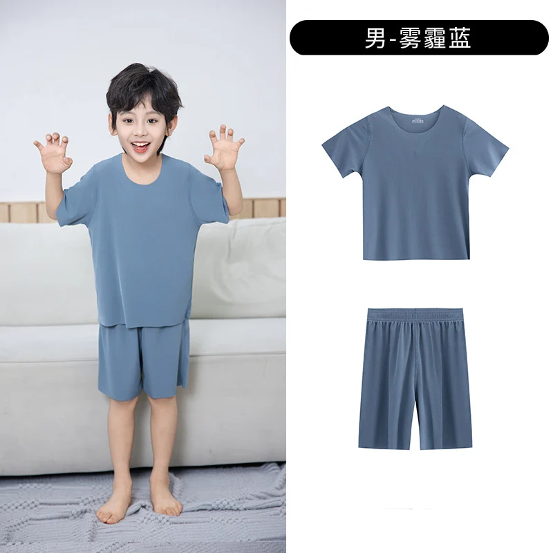 Summer New Style Boys' Short-Sleeved Loose Seamless Ice Silk Home Clothes Children's Two-Piece Set Girls' Pajamas Set Wholesale