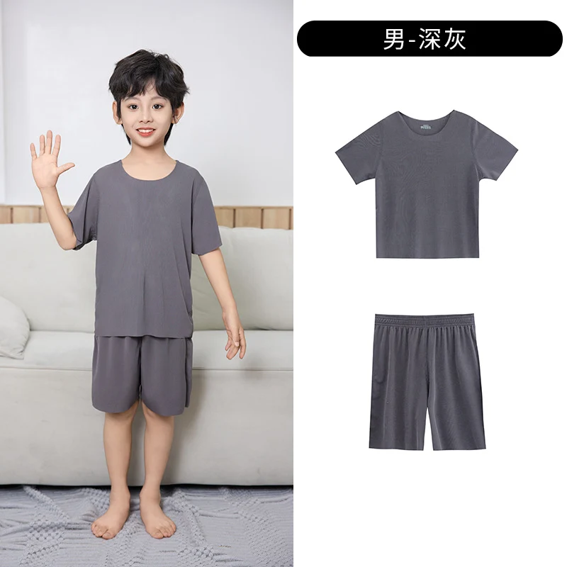 Summer New Style Boys' Short-Sleeved Loose Seamless Ice Silk Home Clothes Children's Two-Piece Set Girls' Pajamas Set Wholesale