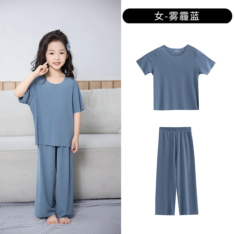 Summer New Style Boys' Short-Sleeved Loose Seamless Ice Silk Home Clothes Children's Two-Piece Set Girls' Pajamas Set Wholesale
