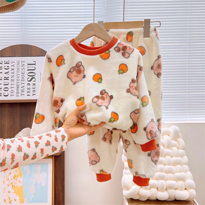Men's and Women's Flannel Pajamas suit Autumn and Winter Middle and Big Children's Warm fleece-lined Thickened Autumn Clothes and Pants Home Clothes