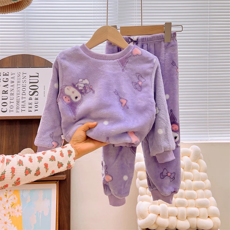 Men's and Women's Flannel Pajamas suit Autumn and Winter Middle and Big Children's Warm fleece-lined Thickened Autumn Clothes and Pants Home Clothes