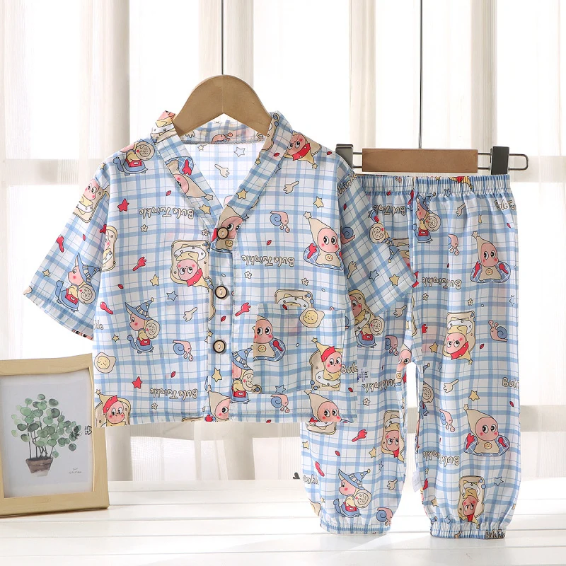 Children's Home Clothes Cotton Silk Suit Summer Boys and Girls Pajamas Artificial Cotton Two-Piece Set Cotton Silk Air-Conditioned Clothes Kidsren's Clothing