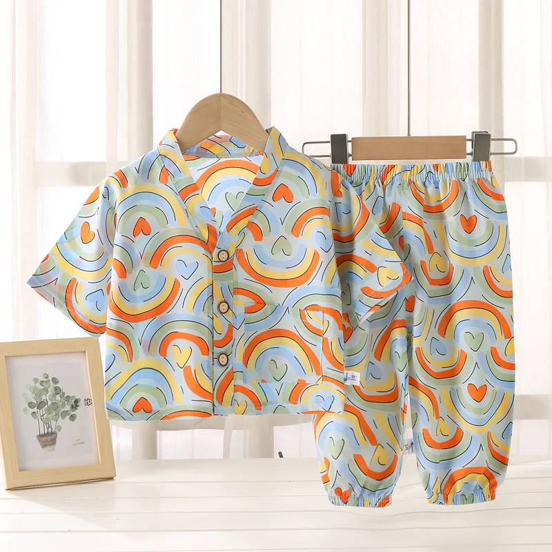 Children's Home Clothes Cotton Silk Suit Summer Boys and Girls Pajamas Artificial Cotton Two-Piece Set Cotton Silk Air-Conditioned Clothes Kidsren's Clothing