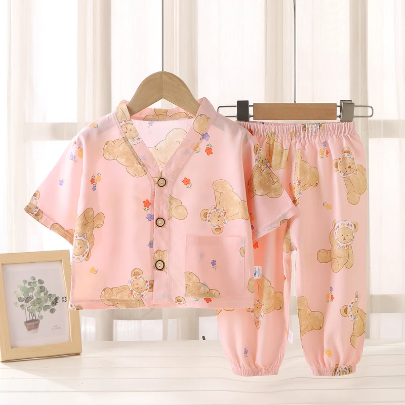 Children's Home Clothes Cotton Silk Suit Summer Boys and Girls Pajamas Artificial Cotton Two-Piece Set Cotton Silk Air-Conditioned Clothes Kidsren's Clothing