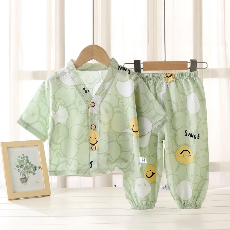 Children's Home Clothes Cotton Silk Suit Summer Boys and Girls Pajamas Artificial Cotton Two-Piece Set Cotton Silk Air-Conditioned Clothes Kidsren's Clothing