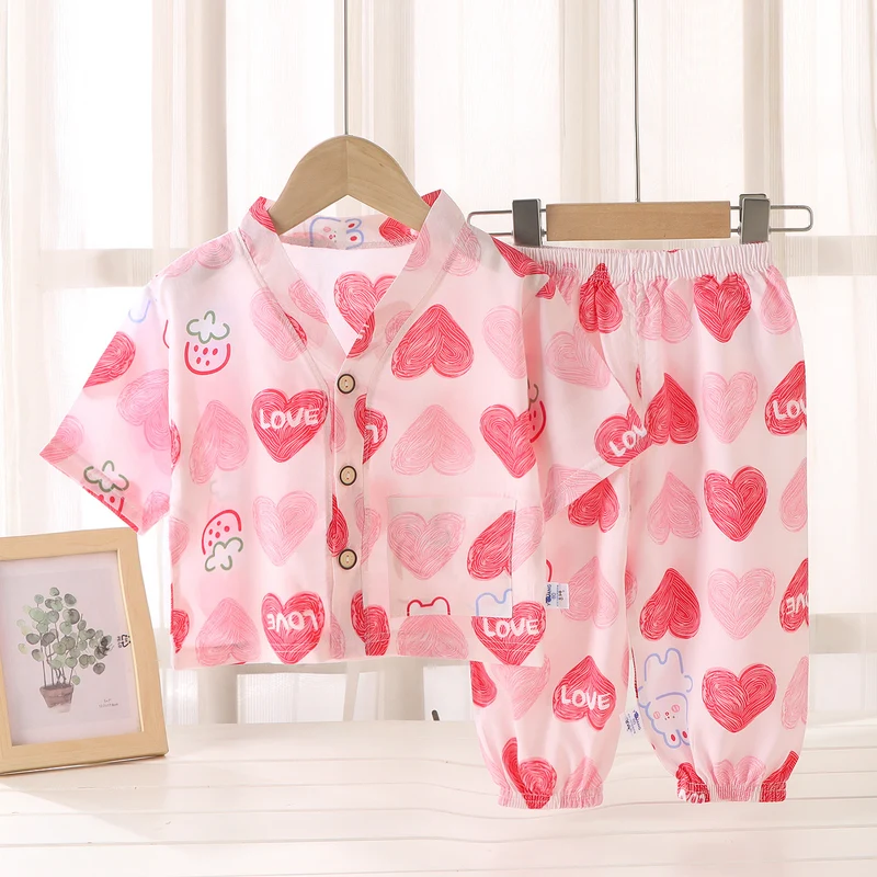 Children's Home Clothes Cotton Silk Suit Summer Boys and Girls Pajamas Artificial Cotton Two-Piece Set Cotton Silk Air-Conditioned Clothes Kidsren's Clothing
