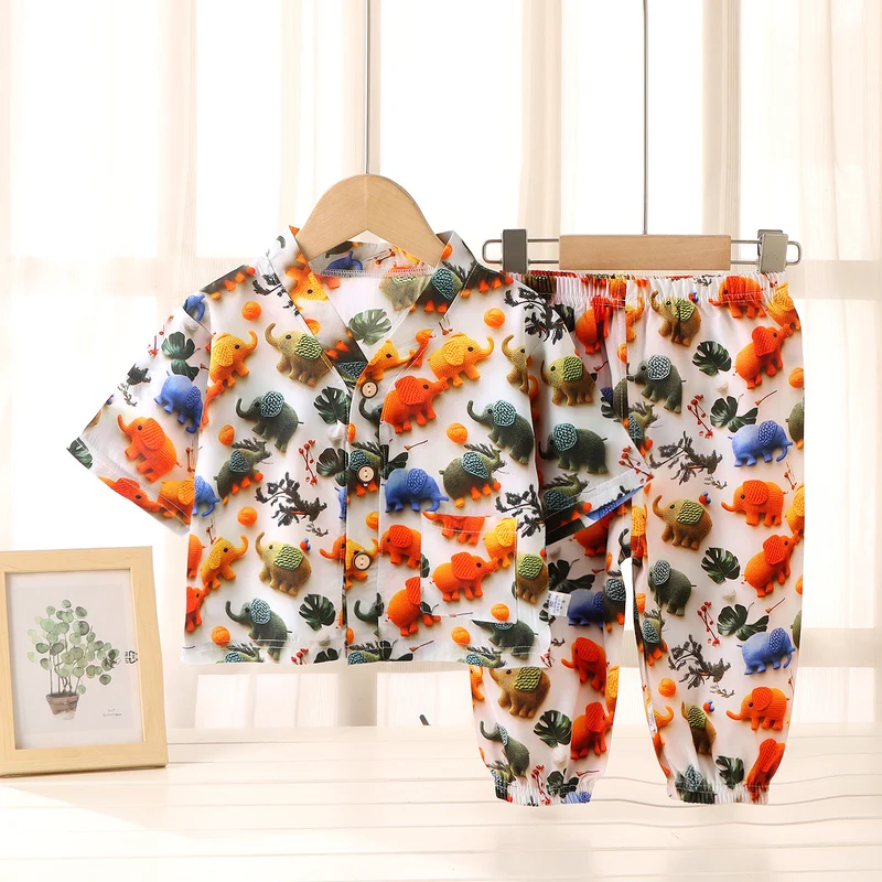 Children's Home Clothes Cotton Silk Suit Summer Boys and Girls Pajamas Artificial Cotton Two-Piece Set Cotton Silk Air-Conditioned Clothes Kidsren's Clothing