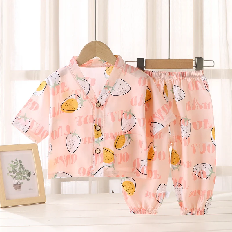 Children's Home Clothes Cotton Silk Suit Summer Boys and Girls Pajamas Artificial Cotton Two-Piece Set Cotton Silk Air-Conditioned Clothes Kidsren's Clothing