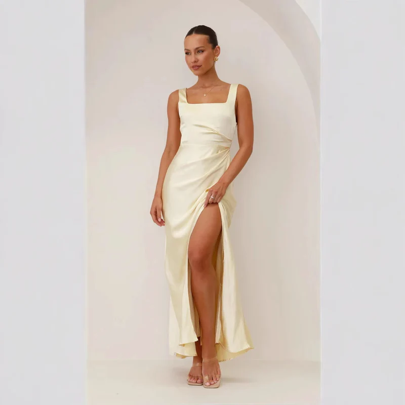 AliExpress Amazon Europe and the United States cross-border women's new solid color high-end sense satin high waist backless sexy dress