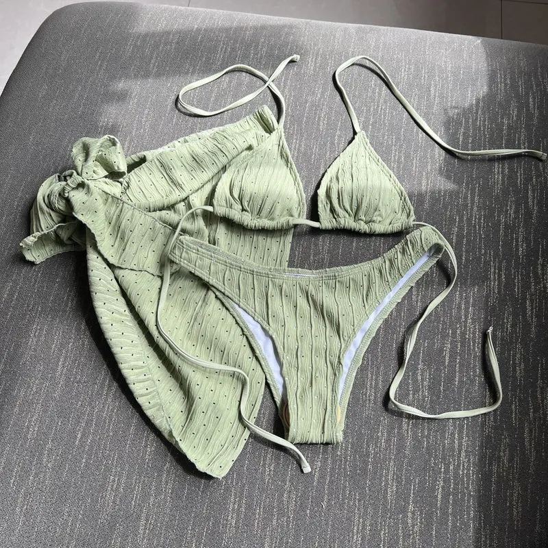 2025 European and American New Swimsuit Three-Piece Backless Drawstring Strap Bikini Bikini Three-Piece Swimsuit