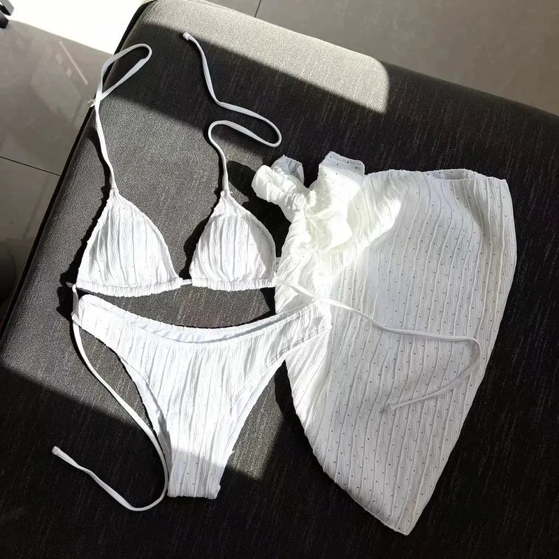 2025 European and American New Swimsuit Three-Piece Backless Drawstring Strap Bikini Bikini Three-Piece Swimsuit