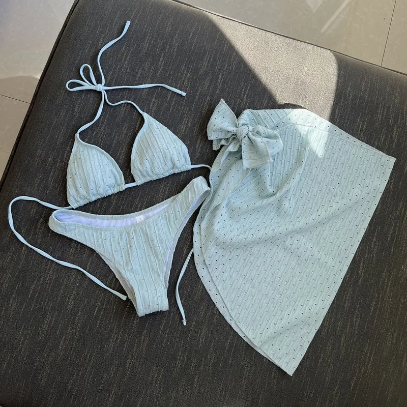 2025 European and American New Swimsuit Three-Piece Backless Drawstring Strap Bikini Bikini Three-Piece Swimsuit