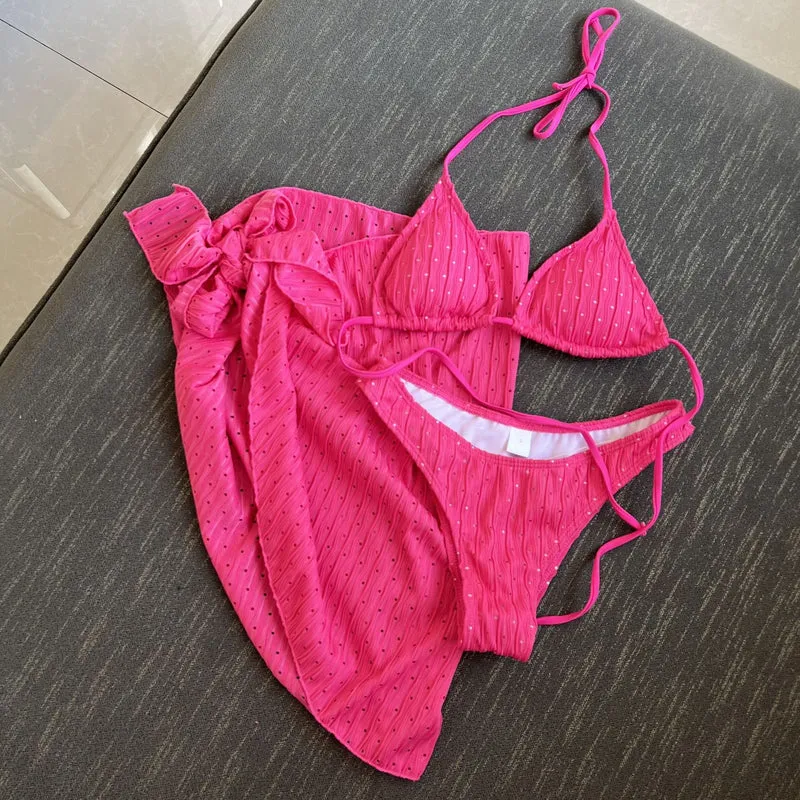 2025 European and American New Swimsuit Three-Piece Backless Drawstring Strap Bikini Bikini Three-Piece Swimsuit