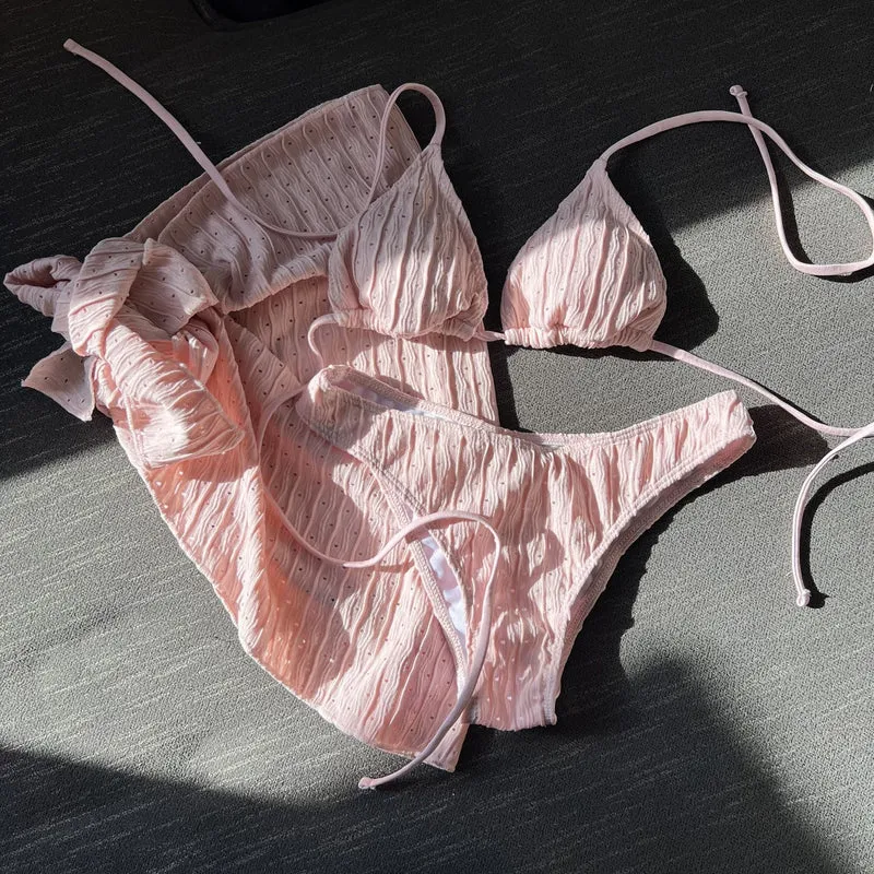 2025 European and American New Swimsuit Three-Piece Backless Drawstring Strap Bikini Bikini Three-Piece Swimsuit