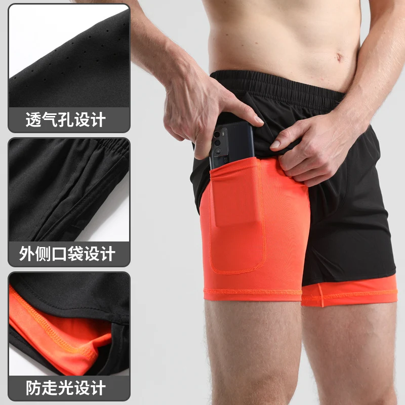 Men's Quick-drying Sports Shorts Fake Two-piece Fitness Triple Pants Marathon Running Pants Invisible Pocket for Mobile Phone