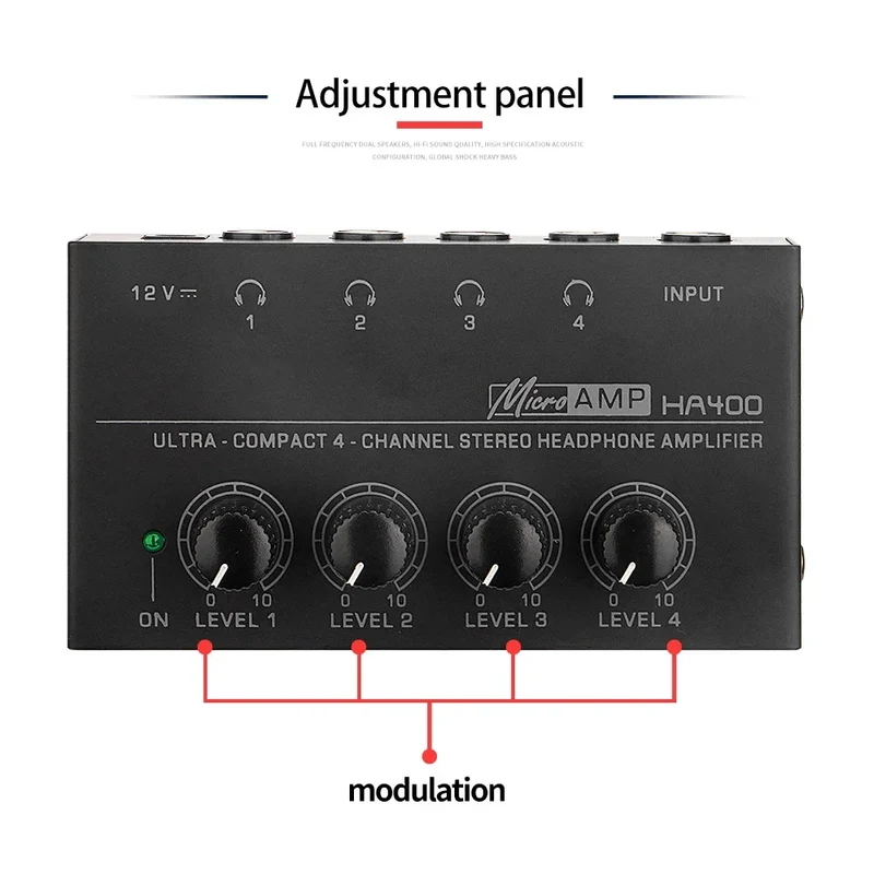 HA400 Ultra-Compact Stereo Audio Amplifier 4 Channels Mini Headphone Amplifier With Power Adapter 10MHz Earphone Amp for Music