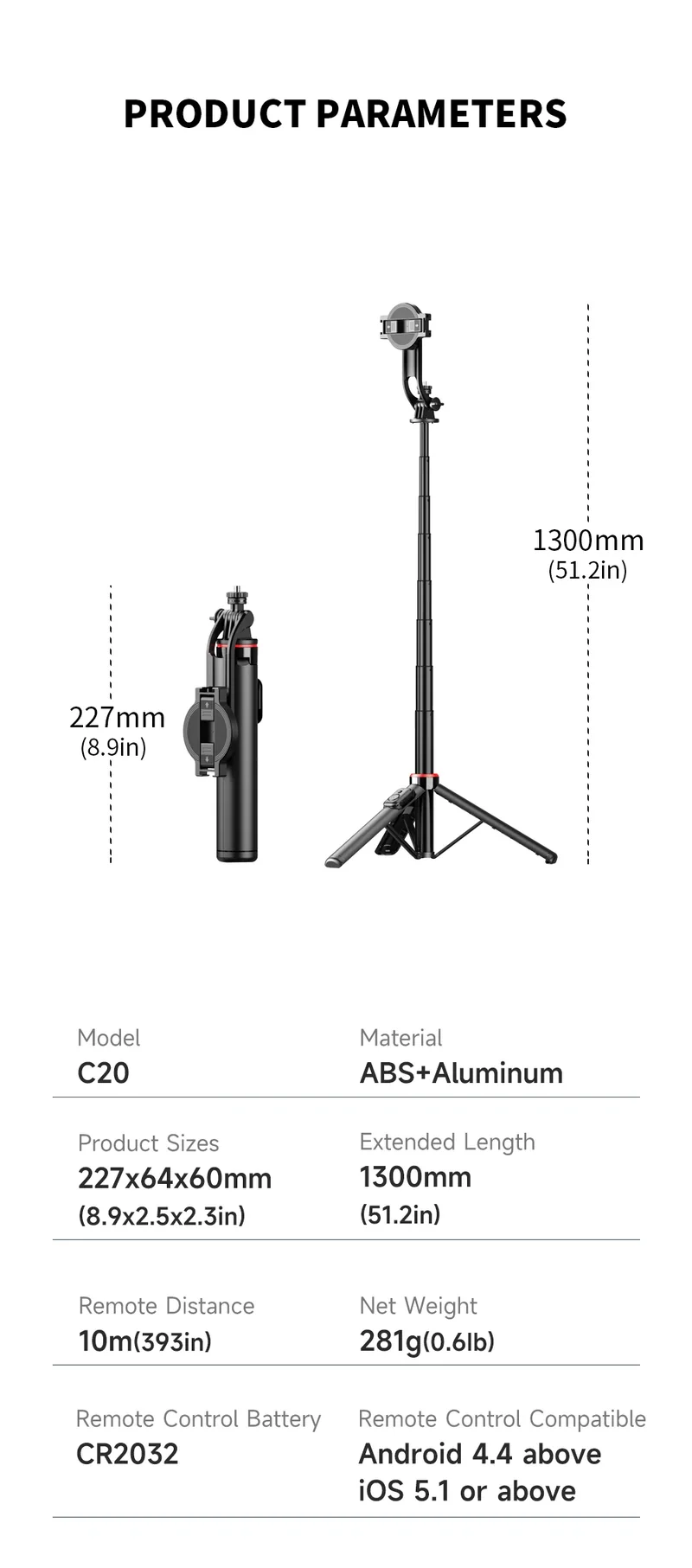 C20 Magnetic Selfie Stick Tripod for iPhone 12-16 Pro Max Travel Stand with Magsafe Phone Clamp for Android Smartphone