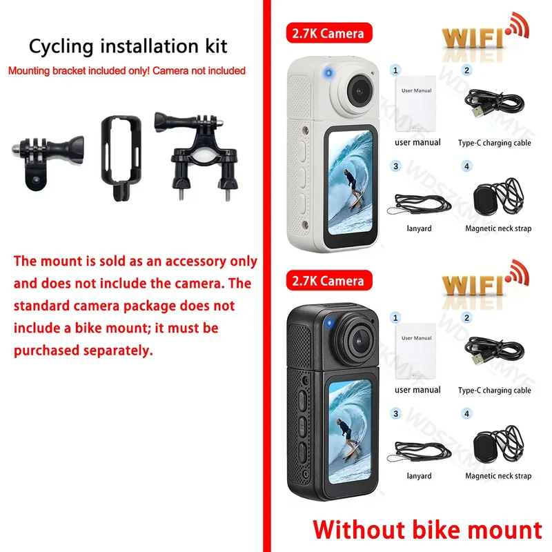 2.7K 180° Rotatable Wifi Outdoor Sports Camera 1.4Inch Screen Thumb Action Cam Motorcycle Road Sport Magnetic Attraction Bracket