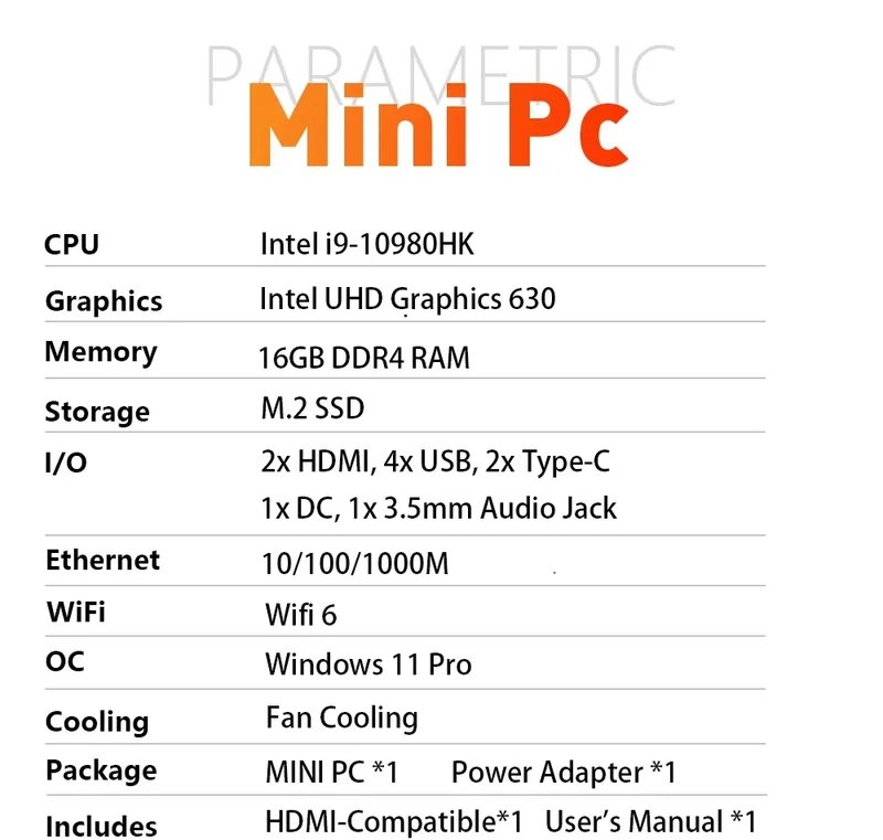 Intel Core i9 10980HK Gaming Mini PC Windows 11 Pro 16GB DDR4 1TB 2TB M.2 SSD UHD Graphics 1000Mbps Ethernet i9 Mini PC Computer