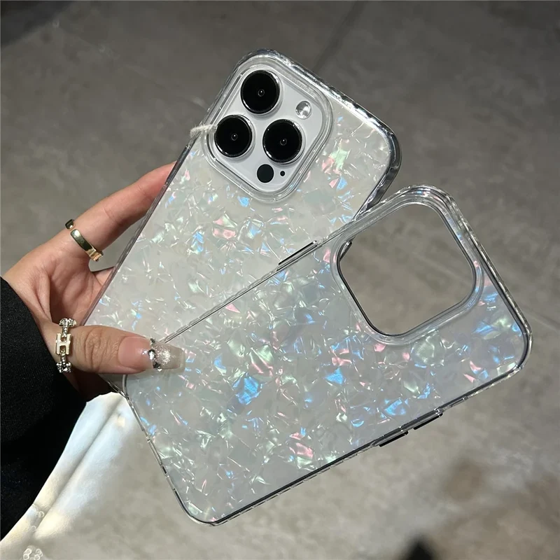 Luxury Glitter Shell Pattern Laser Case For iPhone 16 Pro Max 15 14 Plus 13 12 11 Aurora IMD Shockproof Protection Hard Cover