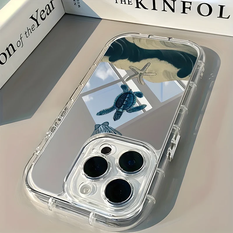 Ocean Turtle Beach Pattern Back Mirror Phone Case for IPhone 11 12 13 14 15 16 17 Pro Max X XR XS 7 8 Plus Air Shockproof Cover