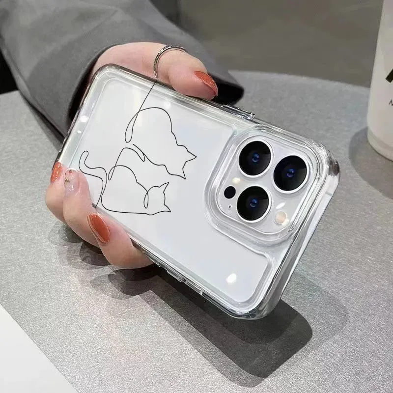 Luxury Shockproof Soft TPU Clear Phone Case For iPhone 17 11 12 13 14 15 16 Pro Max 16 Plus 16E 17 Air With Cute Line Cat Cover