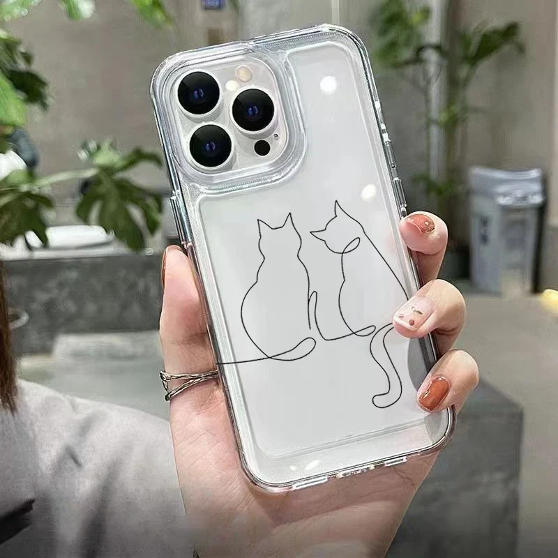 Luxury Shockproof Soft TPU Clear Phone Case For iPhone 17 11 12 13 14 15 16 Pro Max 16 Plus 16E 17 Air With Cute Line Cat Cover