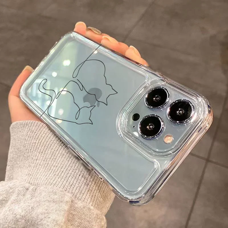 Luxury Shockproof Soft TPU Clear Phone Case For iPhone 17 11 12 13 14 15 16 Pro Max 16 Plus 16E 17 Air With Cute Line Cat Cover