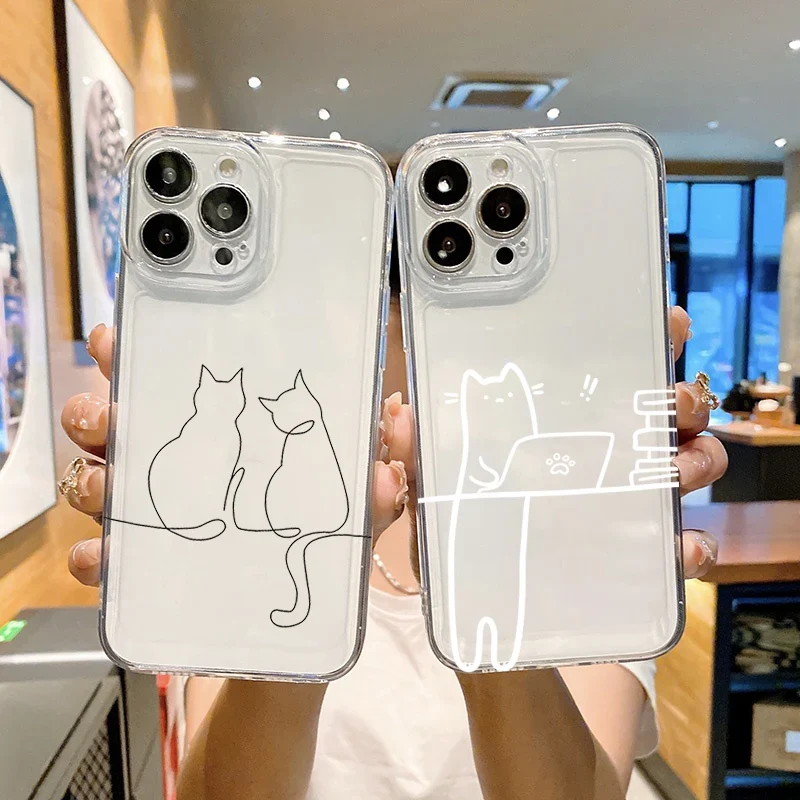 Luxury Shockproof Soft TPU Clear Phone Case For iPhone 17 11 12 13 14 15 16 Pro Max 16 Plus 16E 17 Air With Cute Line Cat Cover