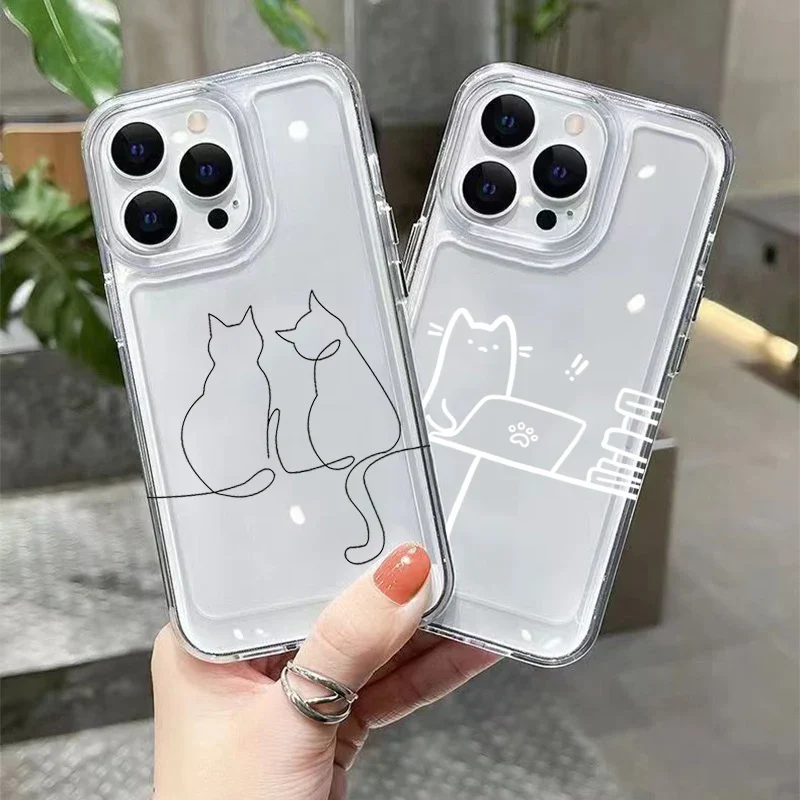 Luxury Shockproof Soft TPU Clear Phone Case For iPhone 17 11 12 13 14 15 16 Pro Max 16 Plus 16E 17 Air With Cute Line Cat Cover