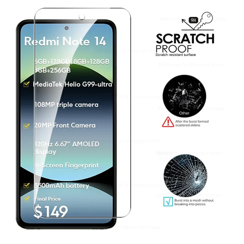 4-1Pcs 9H Premium Protective Glass For Xiaomi Redmi Note 14 4G 5G Global Screen Protector Redmy Note14 Note 14 RedmiNote14 Films