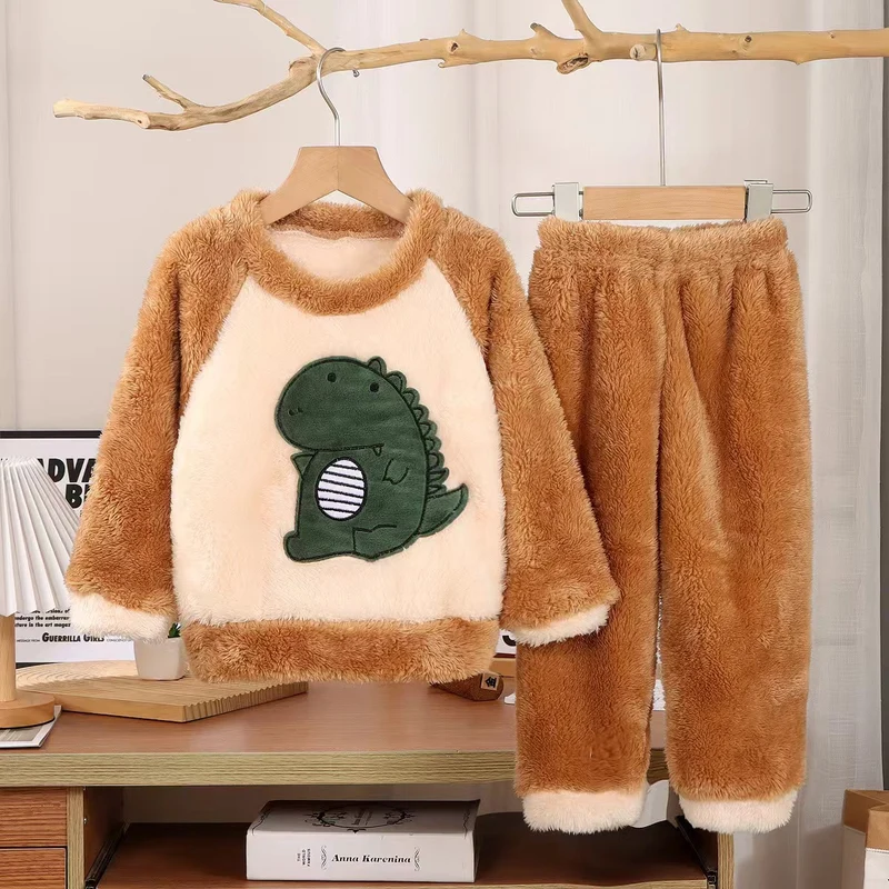 New Kidsren's Flannel Pajamas Set Autumn and Winter Boys and Girls Coral Velvet Thickeneded Home Clothes Two-piece Set