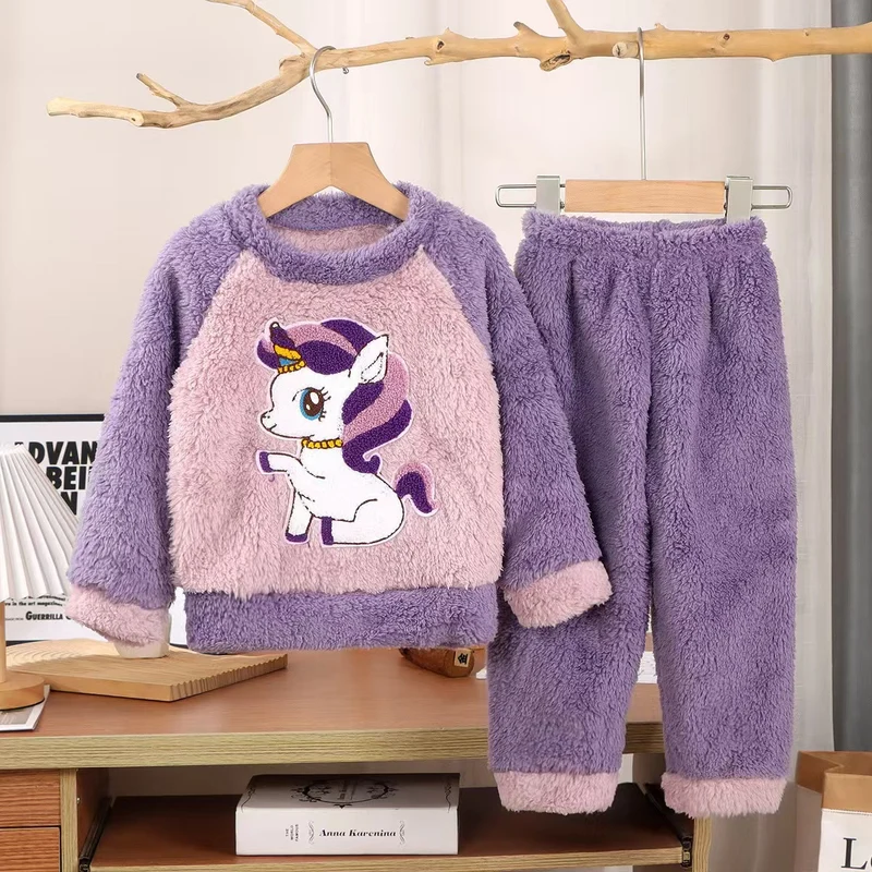 New Kidsren's Flannel Pajamas Set Autumn and Winter Boys and Girls Coral Velvet Thickeneded Home Clothes Two-piece Set