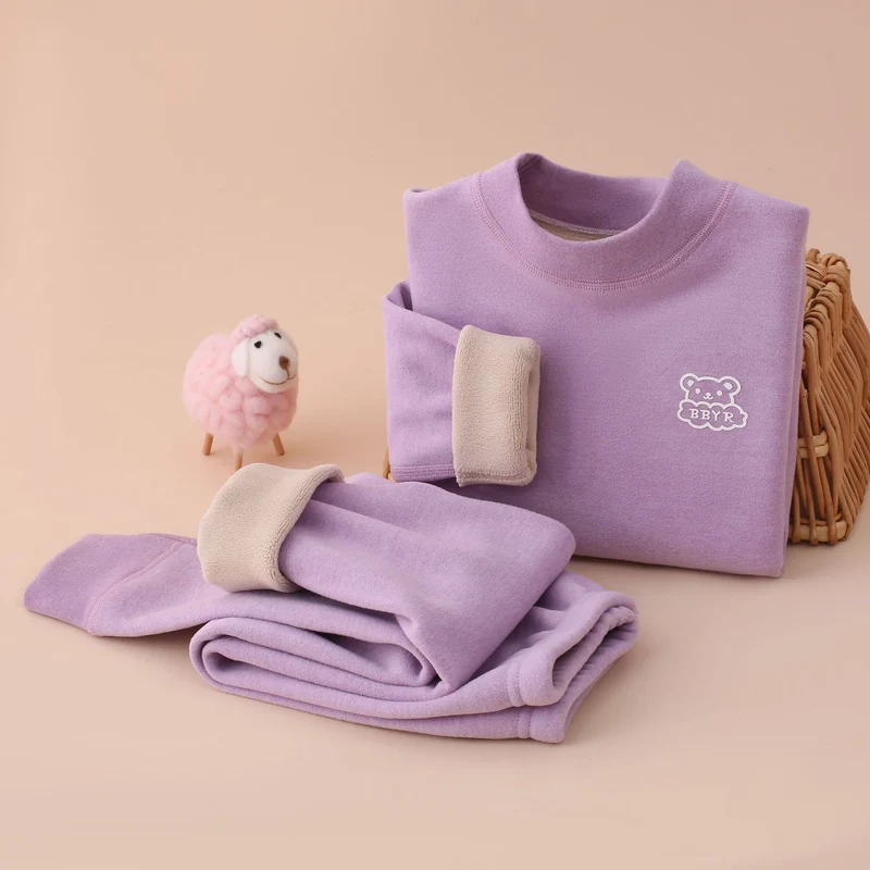 Autumn and winter fleece-lined children's clothing large children's mid-collar autumn pants children's inner warm bottoming shirt children's home clothing suit
